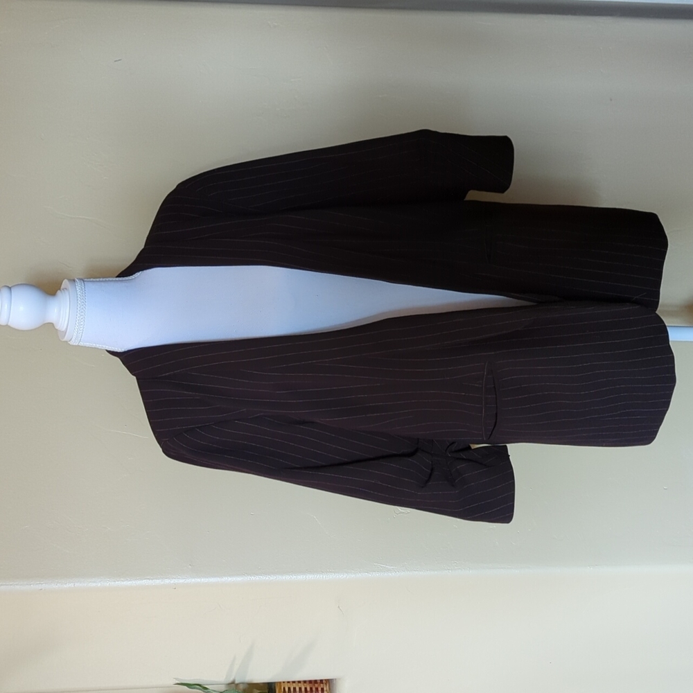 Apt. 9 Open Front Jacket w/ 3/4 Ruched Sleeve Brown Pinstripe